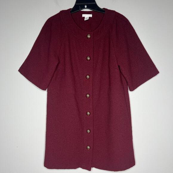 Burgundy Button-Front Sheath Dress Textured Wool Blend Sz S Old Money Holiday - Picture 2 of 11
